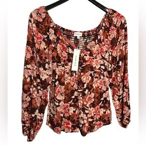 GILI Floral Top Size M Multicolor Smocked Back Lined Semi Sheer Sleeves New